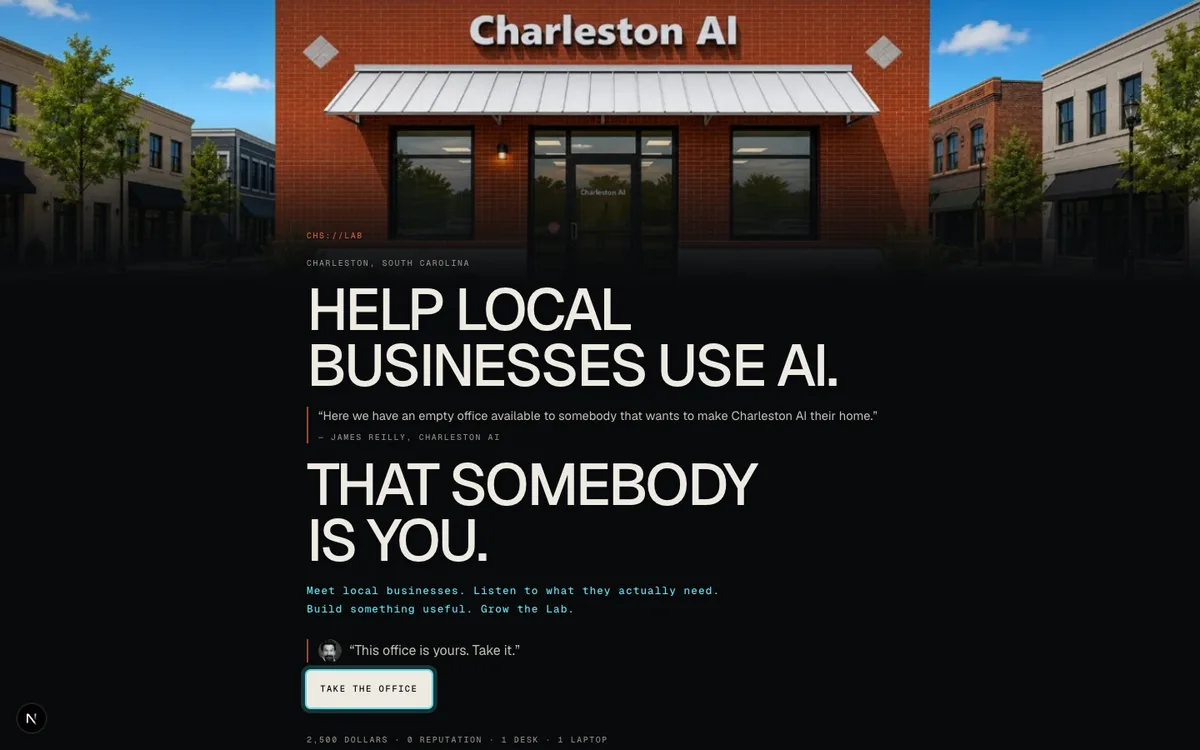 The Lab's first screen: the red-brick Charleston AI storefront with its white awning across the top, and below it the lines Charleston, South Carolina, Help local businesses use AI, the quote about an empty office, That somebody is you, and the Take the office button.