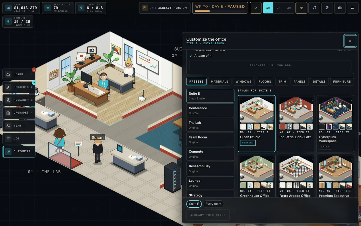 The Customize the office panel open beside Suite E. A list of rooms shows Suite E wearing Clean Studio, Conference custom and The Lab original; tabs read Presets, Materials, Windows, Floors, Trim, Panels, Details and Furniture; six room styles are shown with their swatches, Clean Studio marked Wearing and Cyberpunk Workspace marked Later.