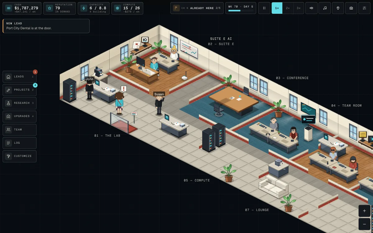 The Lab on a desktop, HQ in week 70: cash, reputation, capacity and compute across the top, the panel rail down the left, a New lead notice saying Port City Dental is at the door, and the office itself drawn in full: Suite E with the founder at a wooden desk, John at the front desk beside a server rack, a visitor waiting by the door, Susan in the Lab, the conference table on blue carpet, the team room with people at their desks, and the lounge sofa, with light pools on the floor and a shadow under every piece of furniture.