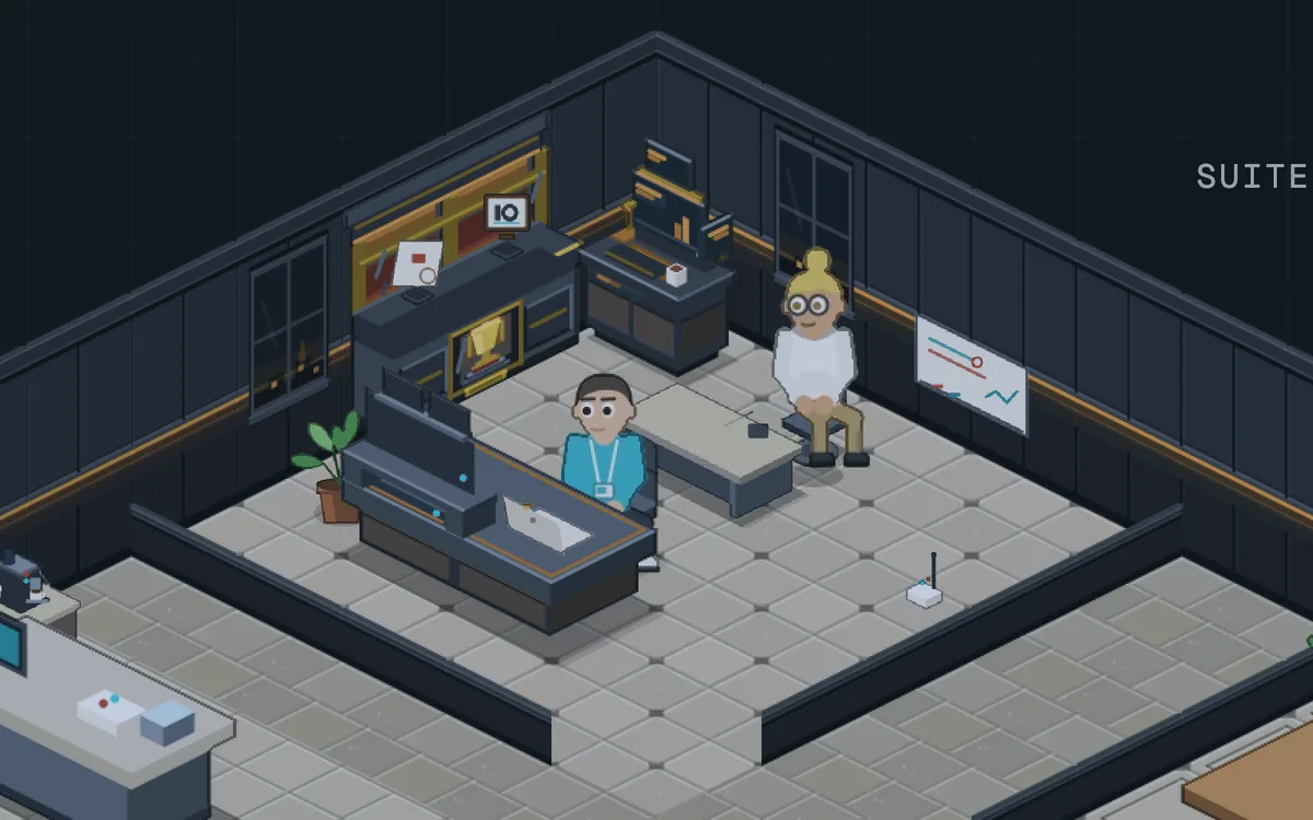 Suite E wearing the Iconic set: dark panelled walls with a warm light line running along them, a black command desk with a stepped screen wall, a lit collector's case holding a gold cup, an operator station with its own screens, and warm stone underfoot, with two people working.