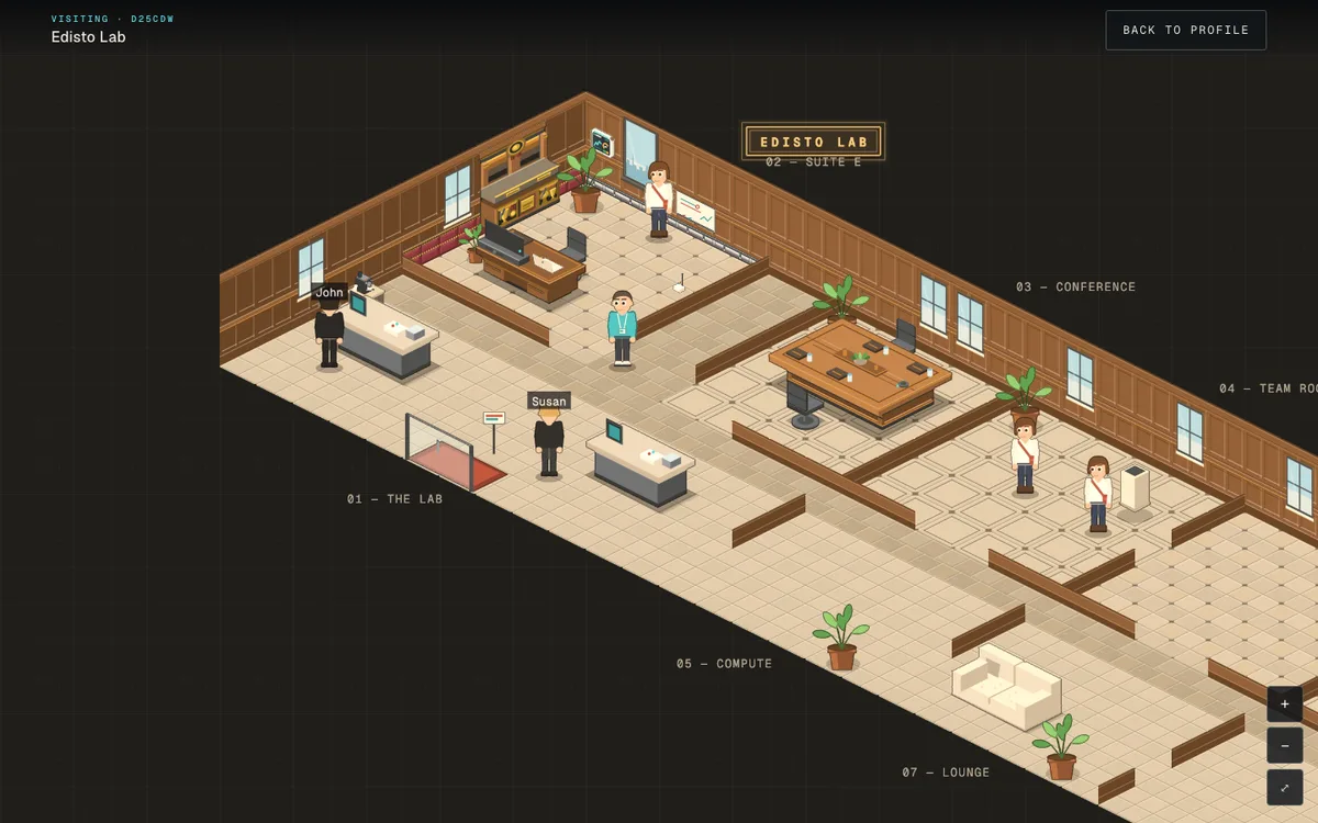 A visit to Edisto Lab on the Charleston Network: the whole office wearing walnut panelling, a lit brass sign reading Edisto Lab, a trophy case in Suite E, the conference table, people at their desks, and a Back to profile button.